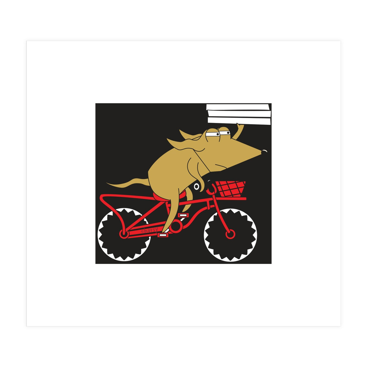 Cartoon Dog Marty cycling with Pizza (Print Only)