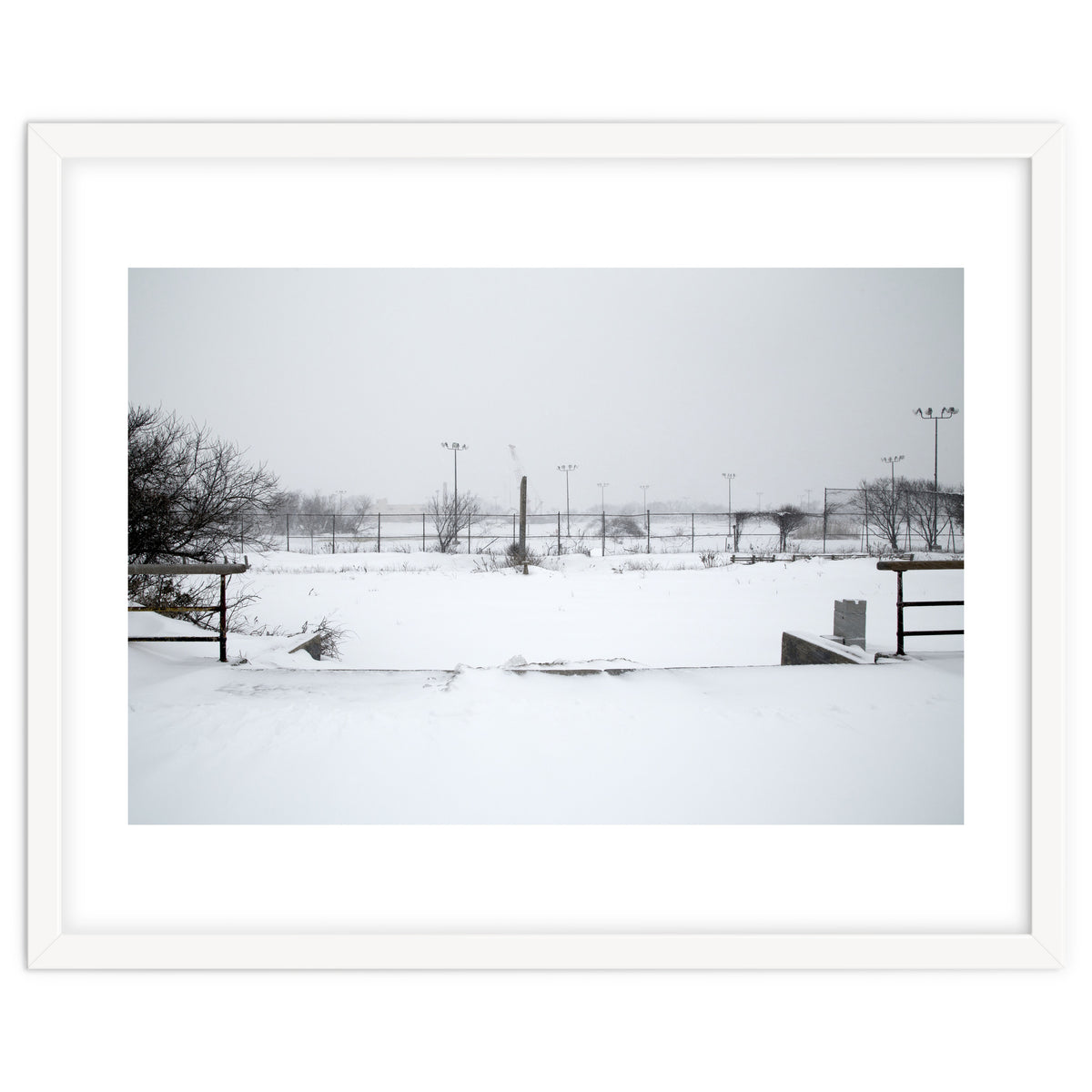 Baseball field covered in snow