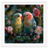 Two Lovebirds Perched On A Branch Near Flowers thumbnail