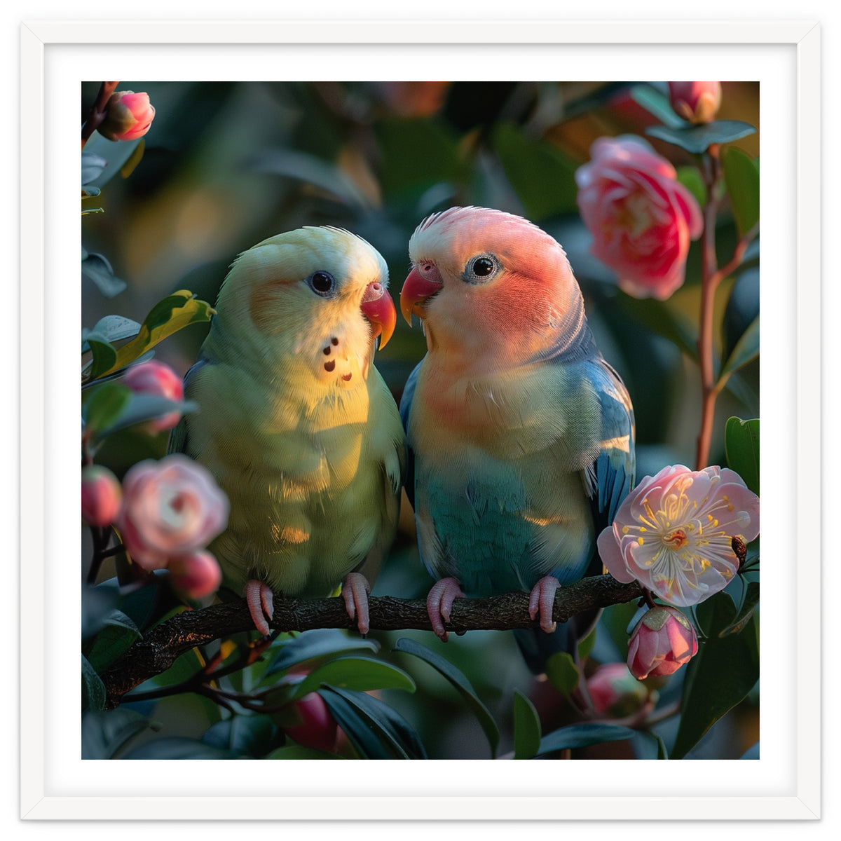 Two Lovebirds Perched On A Branch Near Flowers