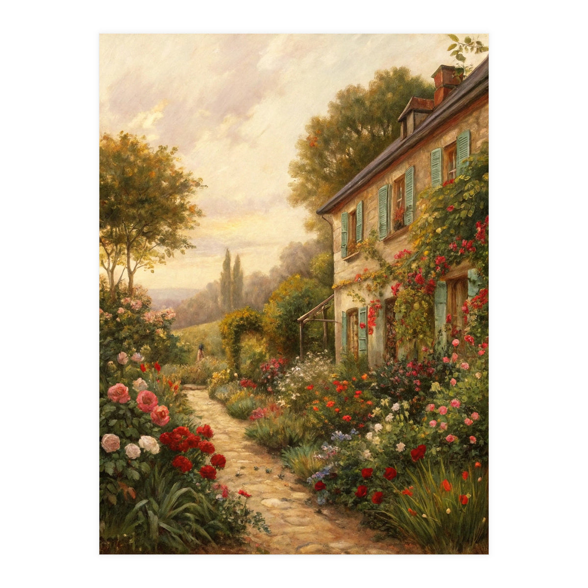 Idyllic Sunlit Cottage Garden Oil Painting (Print Only)