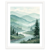 Serene Misty Mountain Valley Watercolor Painting