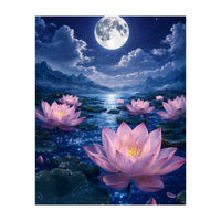 Moonlit Lotus Pond: Serene Nighttime Floral Landscape (Print Only)