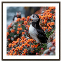 Atlantic Puffin Bird Perched On Orange Flowers