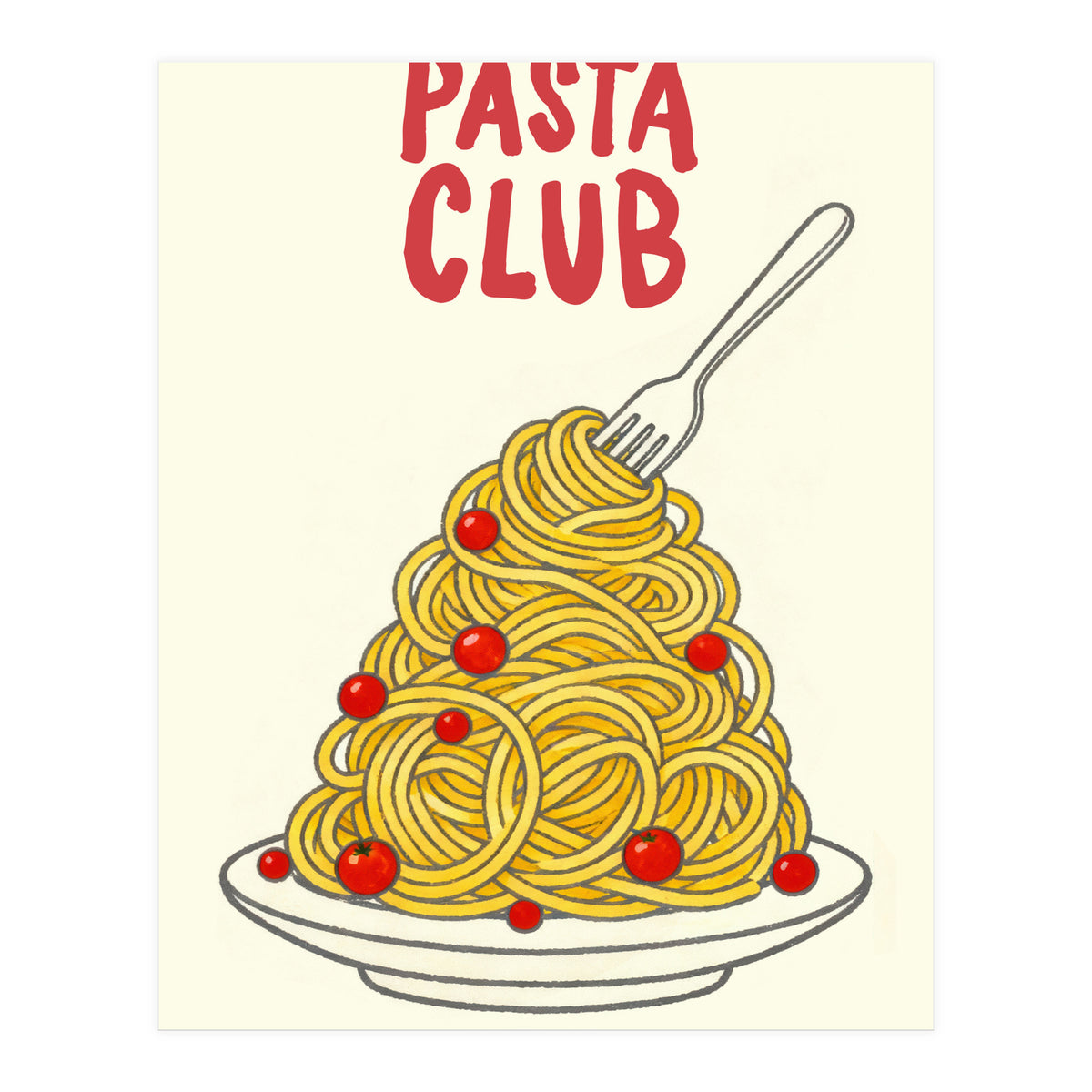 Pasta Club Illustration, Spaghetti and Tomatoes Art Print for Kitchen Wall Decor (Print Only)