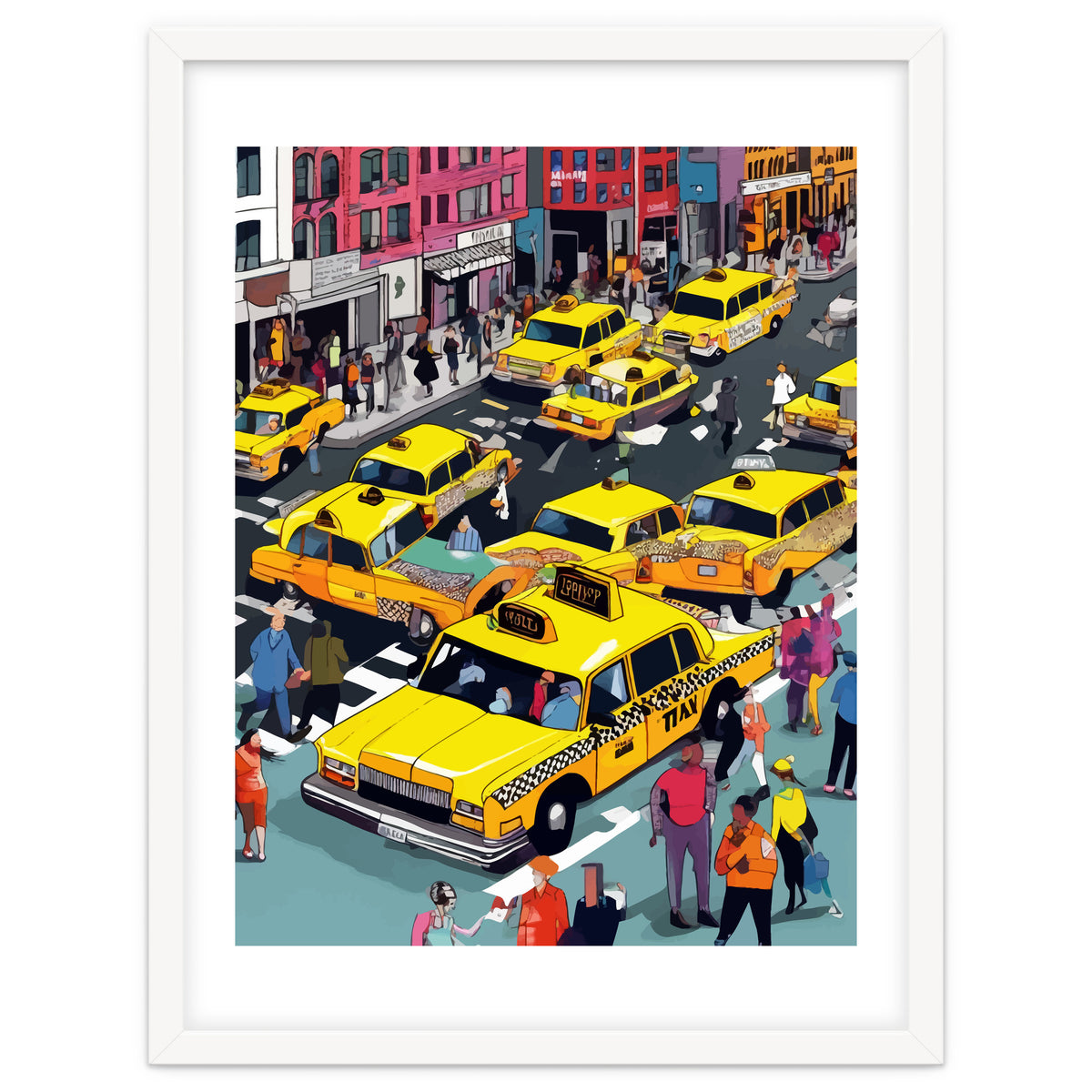 New York Minute, Yellow Taxi Cab Manhattan Downtown Busy Street, Traffic People Buildings Times Square Eclectic Road Architecture