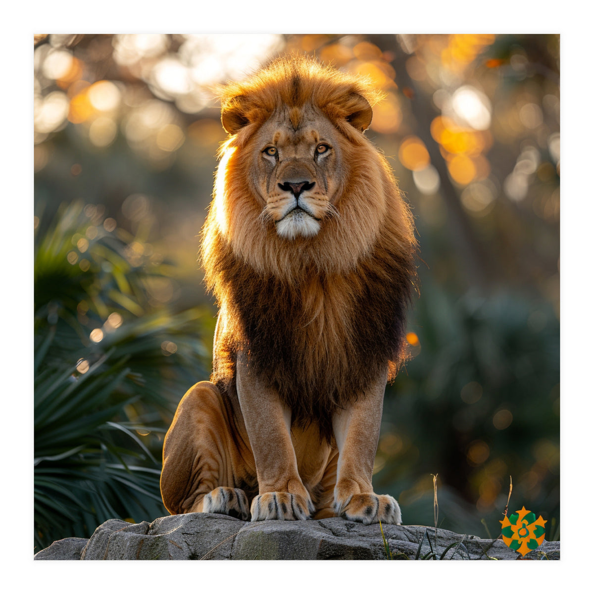 Majestic Lion Sitting On A Rock At Sunset (Print Only)