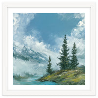 Ethereal Alpine River Valley with Snow-Capped Mountains