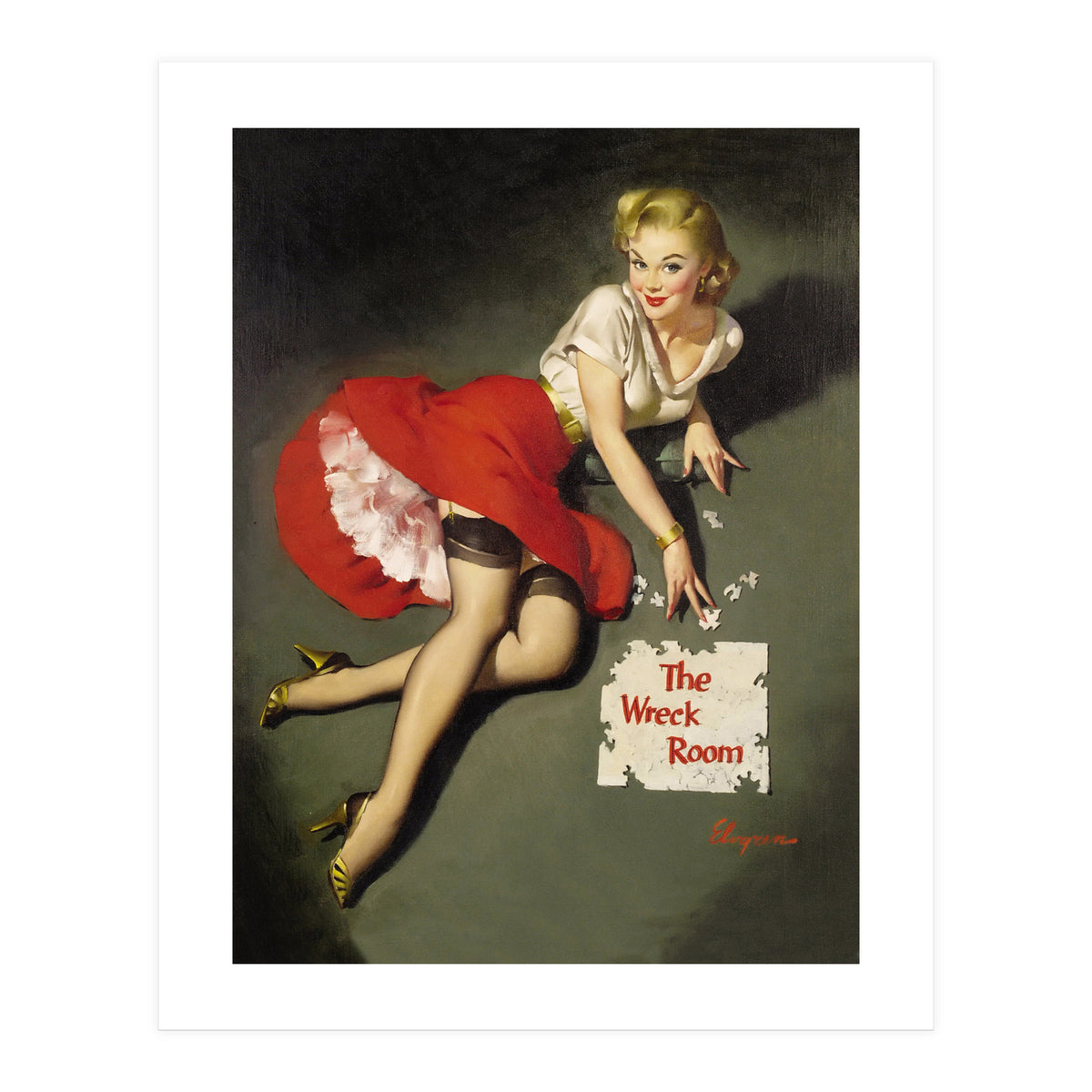 Pinup Sexy Girl Posing In Red Dress (Print Only)