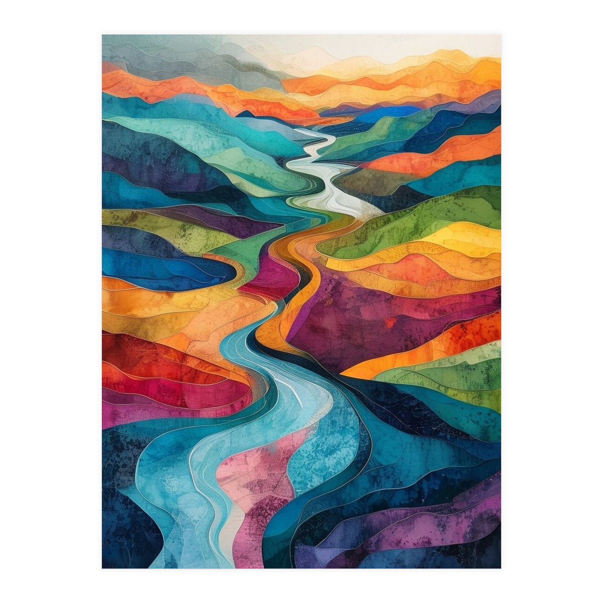 Colorful Abstract River Valley Landscape Art (Print Only)