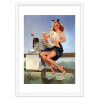 Countryside Pinup Girl Posing On A Fence With Love Letters And A Full Mailbox