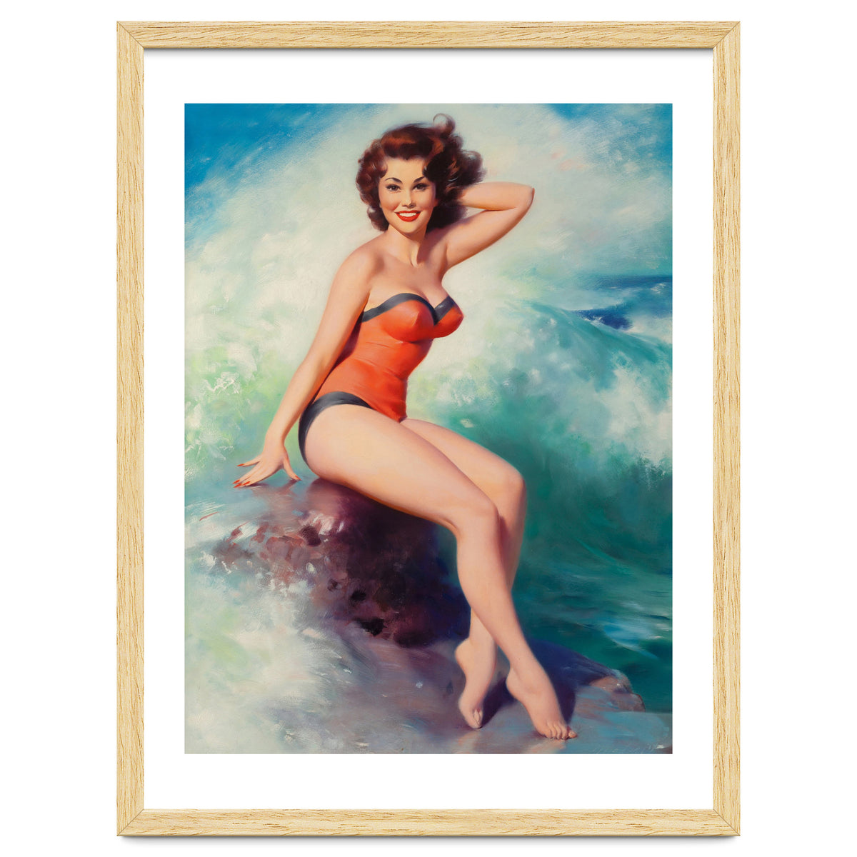 Pinup Girl Posing In Front Of Big Waves On The Beach