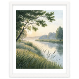 Serene River Sunrise Watercolor Painting with Meadow Grasses and Warm Golden Atmosphere Landscape thumbnail