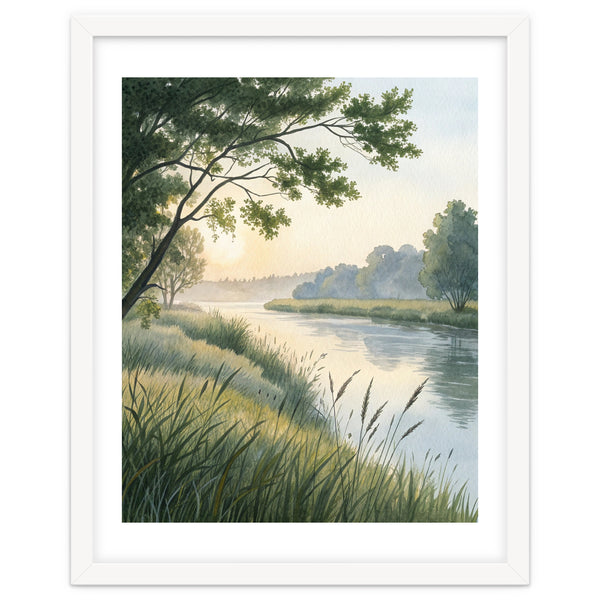 Serene River Sunrise Watercolor Painting with Meadow Grasses and Warm Golden Atmosphere Landscape