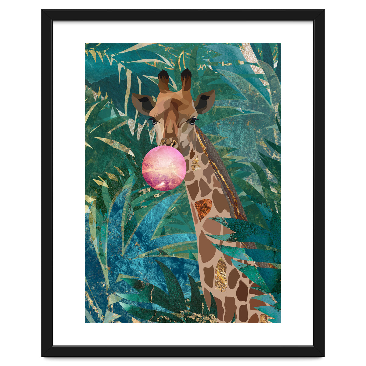 Giraffe blowing a bubble in the jungle