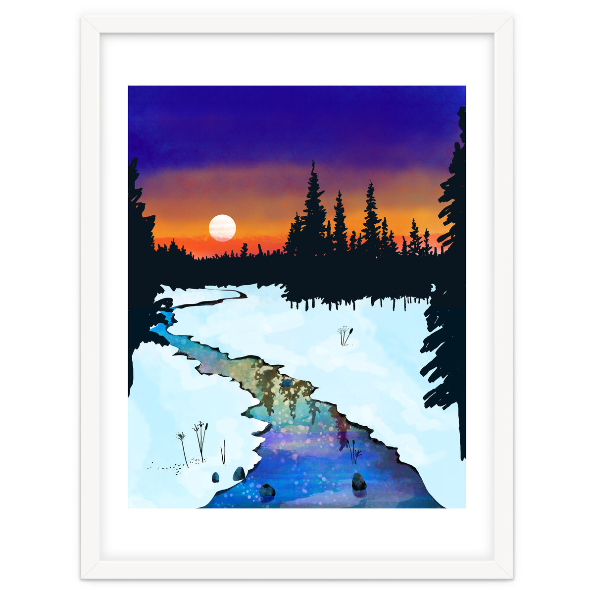 Purple Midnight, Snow River Full Moon Nature Landscape Painting, Winter Travel Adventure Places