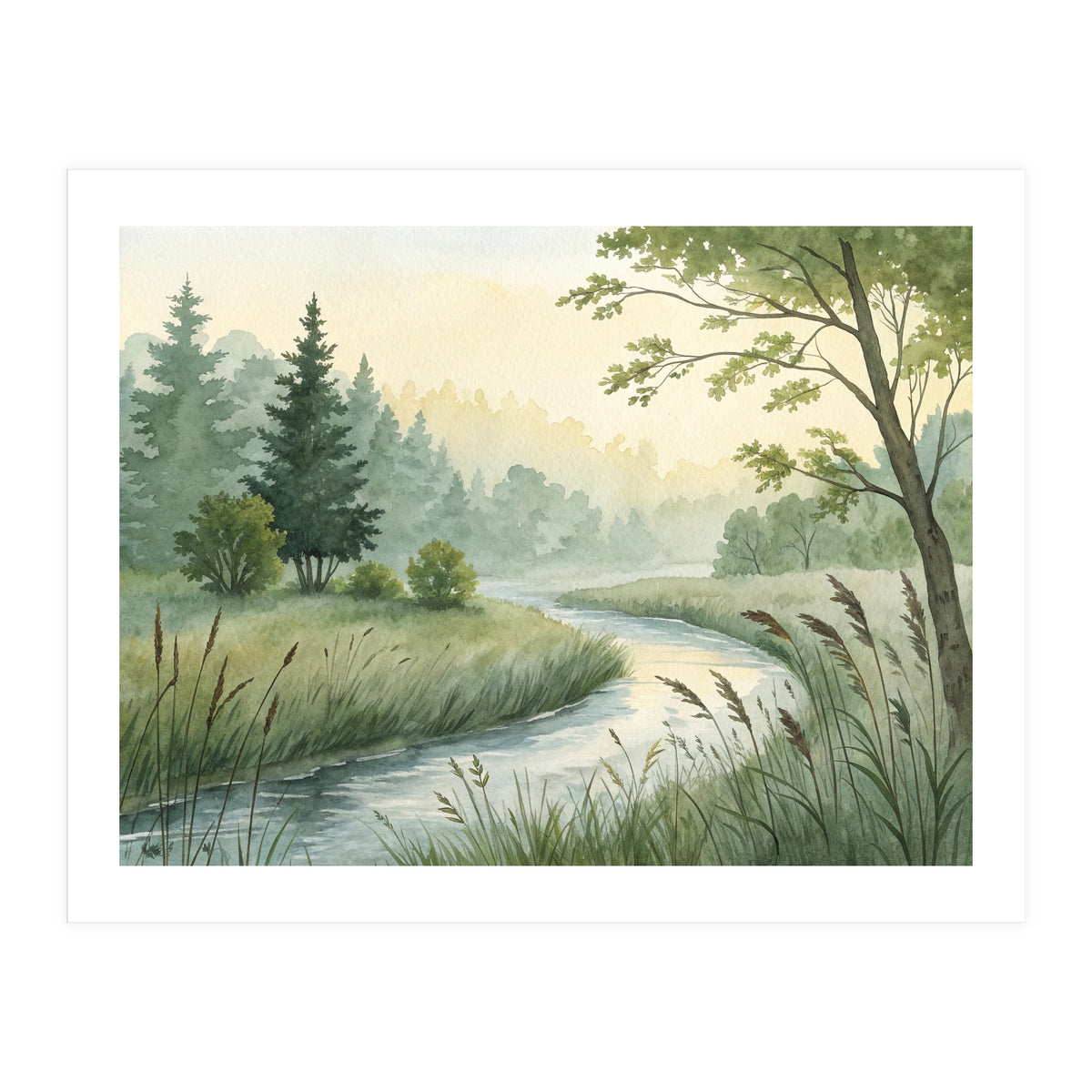 Misty Morning Riverbank: A Woodland Sanctuary (Print Only)