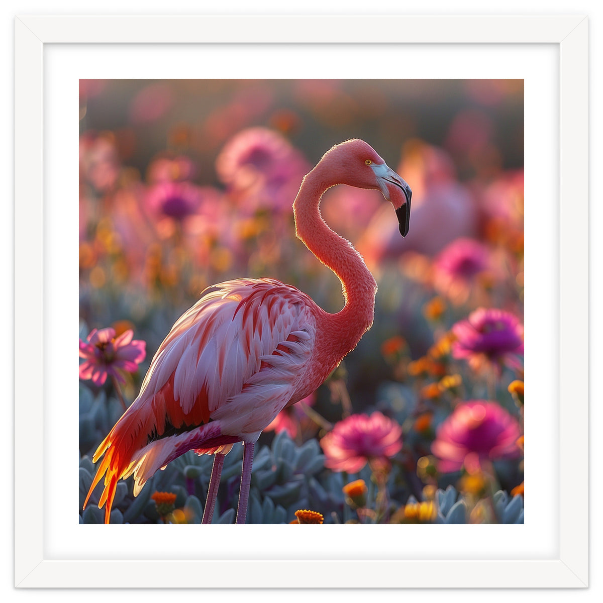 Pink Flamingo Standing In A Field Of Flowers