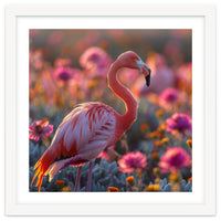 Pink Flamingo Standing In A Field Of Flowers