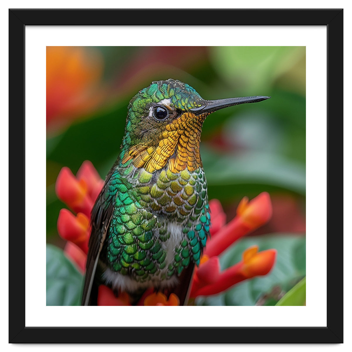 Close Up Of A Hummingbird On Red Flowers