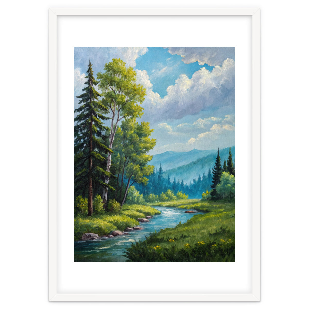 Serene Mountain River Landscape Oil Painting