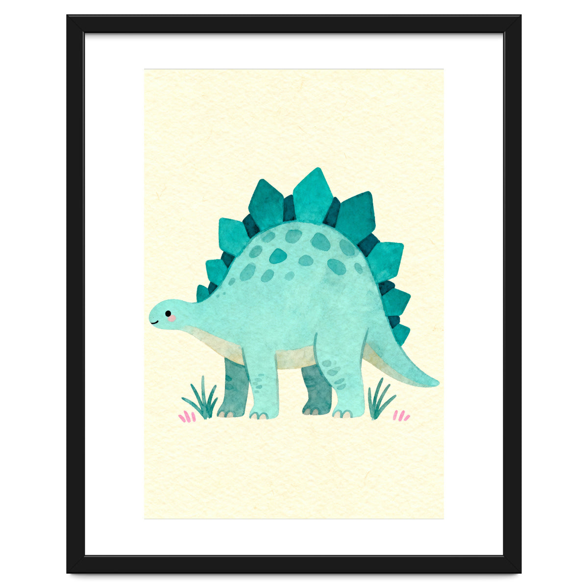 Teal Stegosaurus Watercolor Art, Cute Dinosaur Nursery Print, Whimsical Dino Illustration