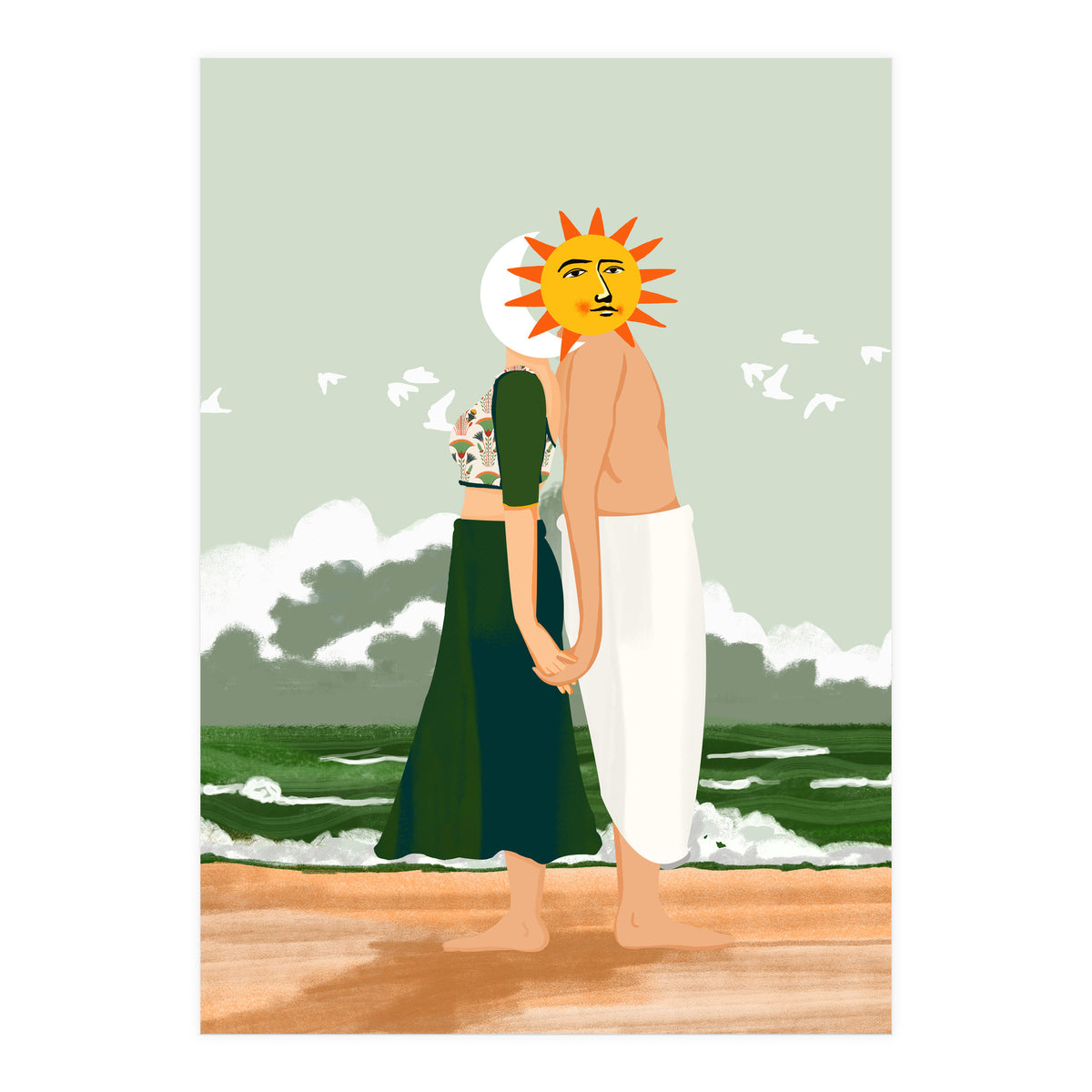 Celestial Union, Sun & Moon Love Couple, Ocean Sea Beach Landscape Nature, Summer Bohemian People (Print Only)