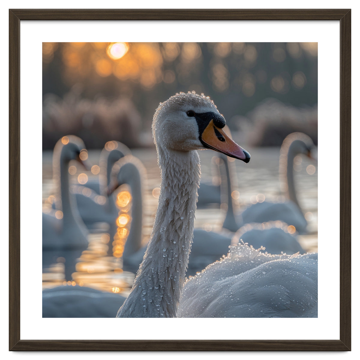 Close Up Of Swan With Water Droplets At Sunrise