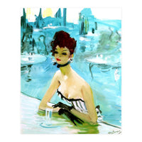 Pinup Girl In Cafe, Watercolor Painting (Print Only)