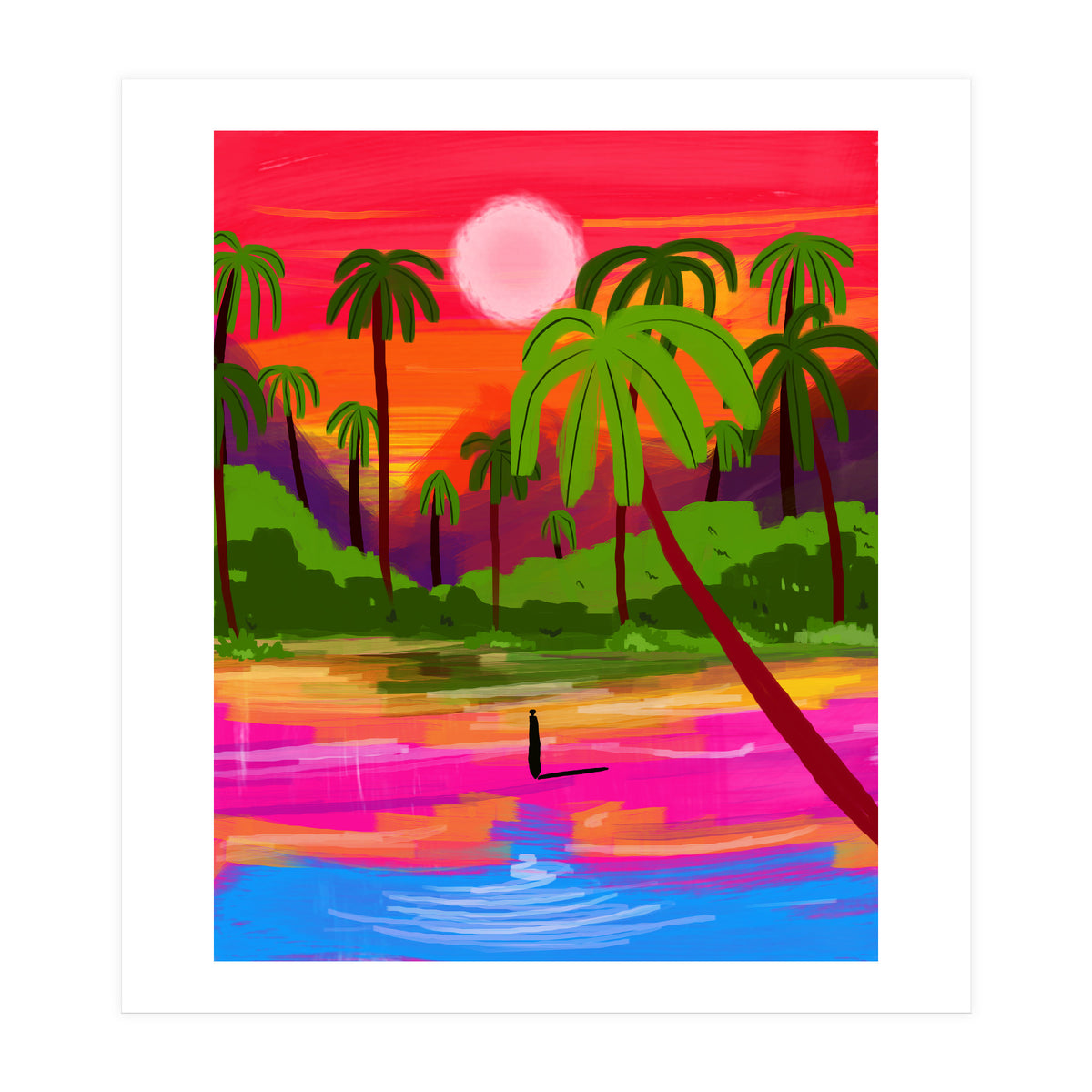 My Shadow & I, Sunset Painting Lake Beach Seashore, Tropical Nature Landscape Colorful Bohemian Traditional, Travel Concept Companion (Print Only)