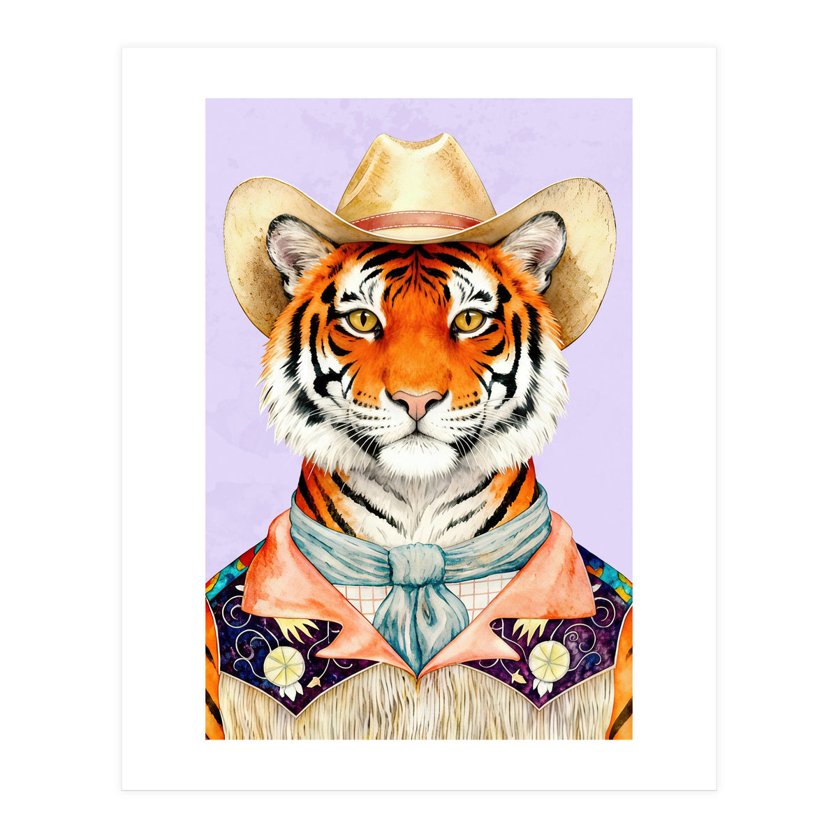Tiger Portrait in Hat Wild Cowboy Fashion  (Print Only)