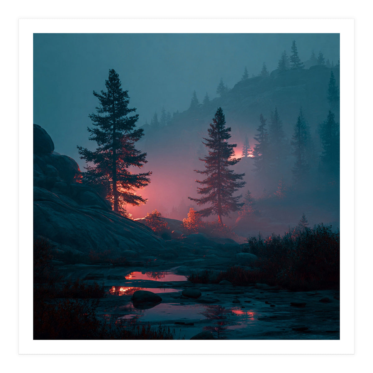 Atmospheric Twilight Pine Forest with Glowing Crimson Light (Print Only)