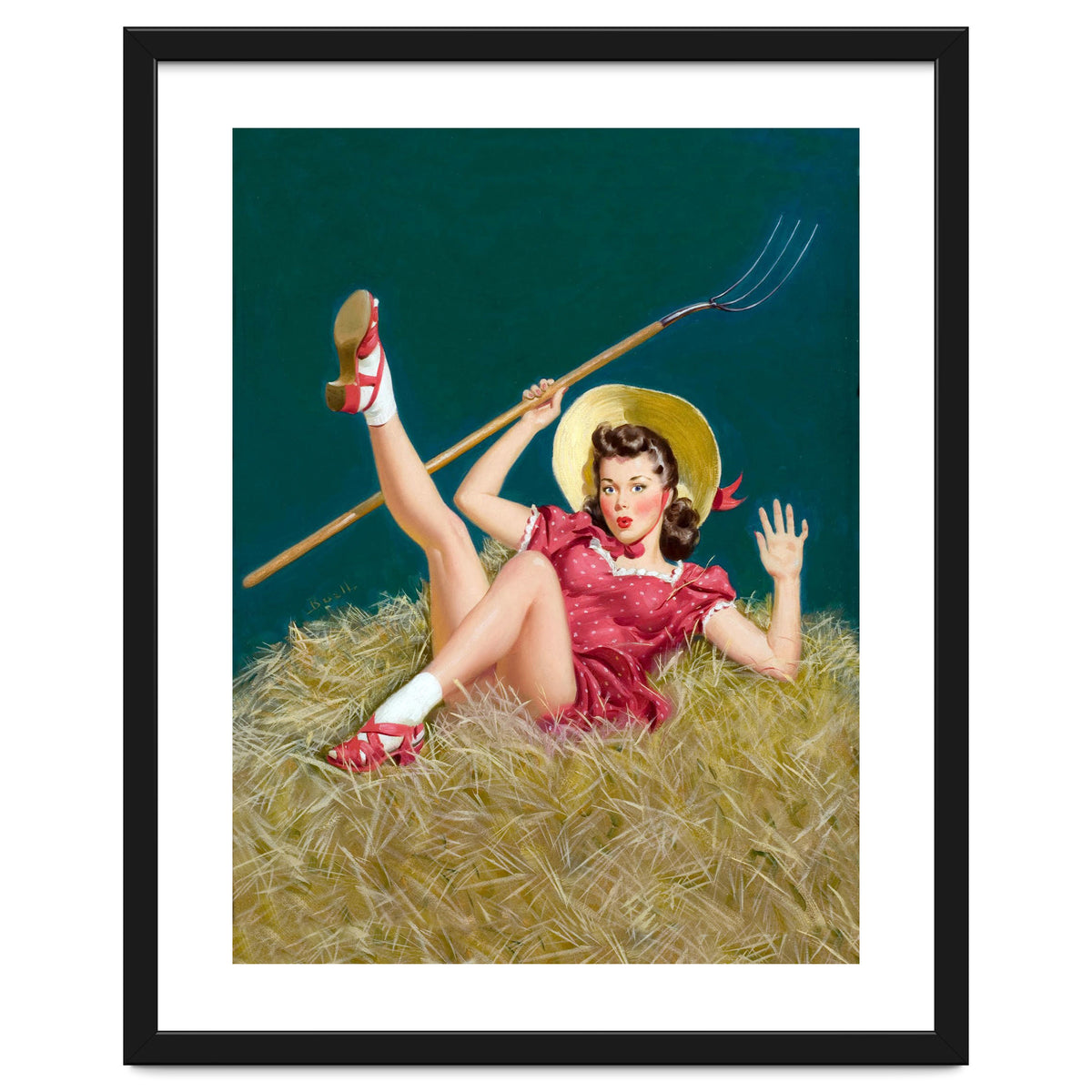 Pinup Sexy Girl Posing On A Hay With A Pitchfork