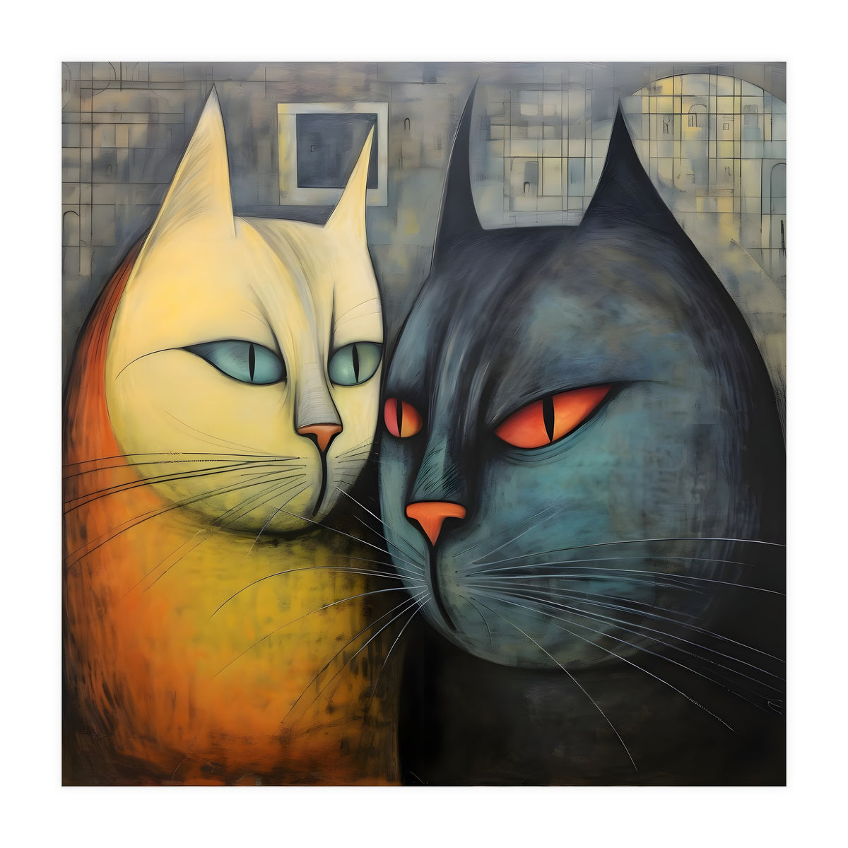 FURRY FRIENDS: GOLDIE AND CHARCOAL, lively duo of animated cats – green eyes, orange eyes. Whiskers charm. (Print Only)