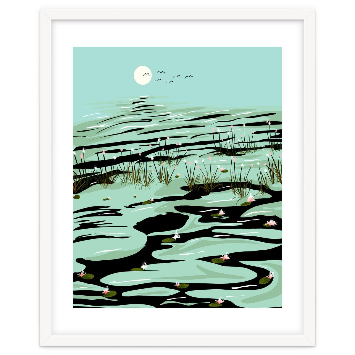 Dreamy Lake, Pastel Nature Botanical Jungle Landscape, Travel Pond Forest Plants Bohemian, Eclectic Scenic