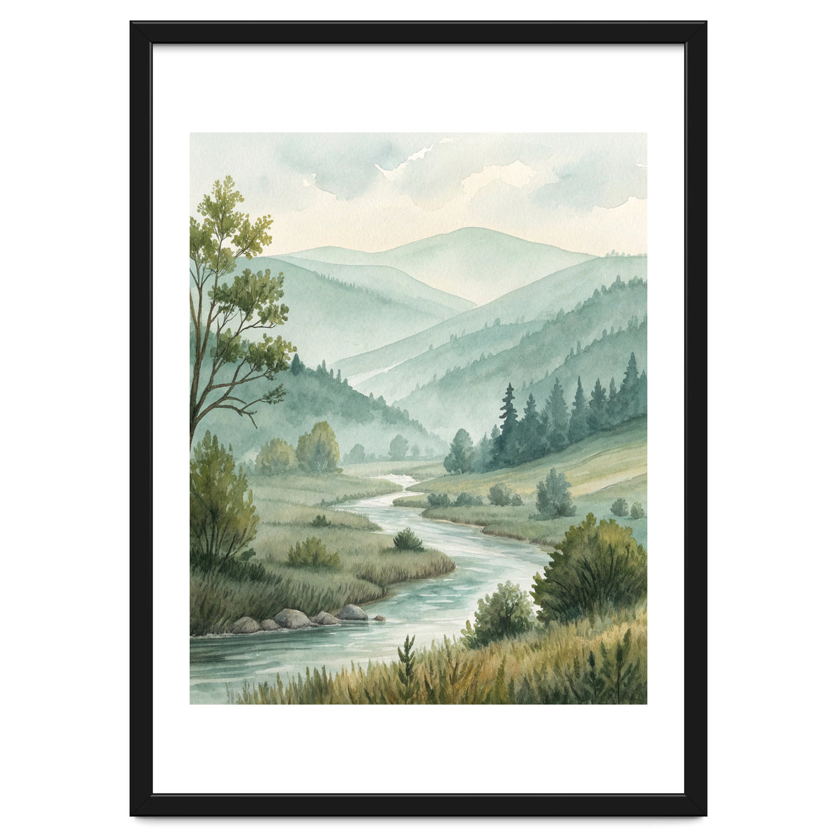 Serene River Valley in Soft Watercolor