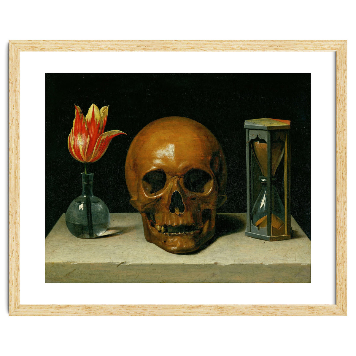 Vanitas, allegory of fleeting time with skull and hour-glass. Oil on canvas.