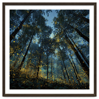 Celestial Forest Canopy with Swirling Golden Fireflies and Deep Twilight Blue Sky Digital Art
