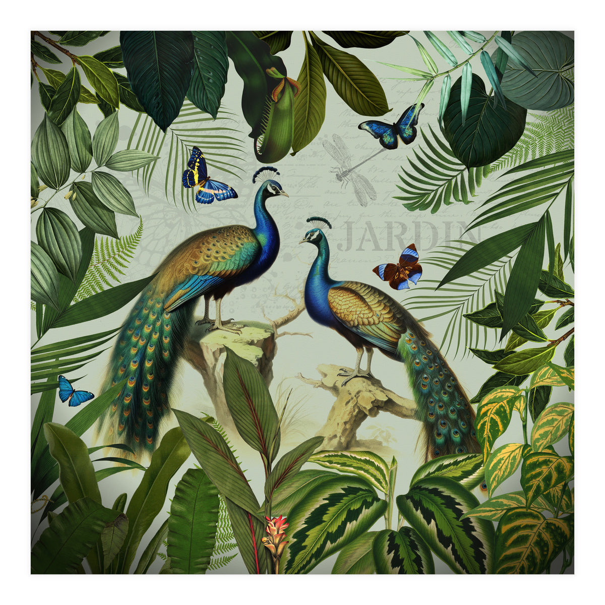 Vintage Exotic Asian Peacocks In Tropical Jungle Landscape (Print Only)