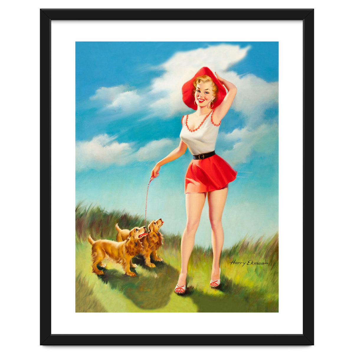 Pinup Girl In Little Red Dress And Two Dogs