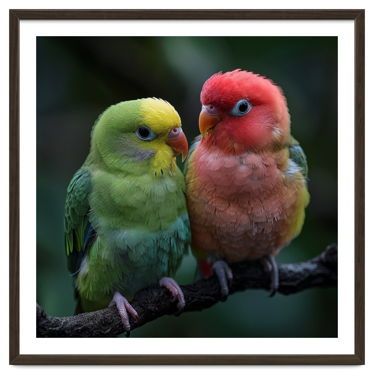 Two Lovebirds Sitting Together On A Branch