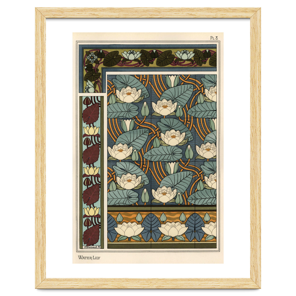 The water lily, Nelumbo lutea, in wallpaper and tile patterns. Lithograph by Verneuil.