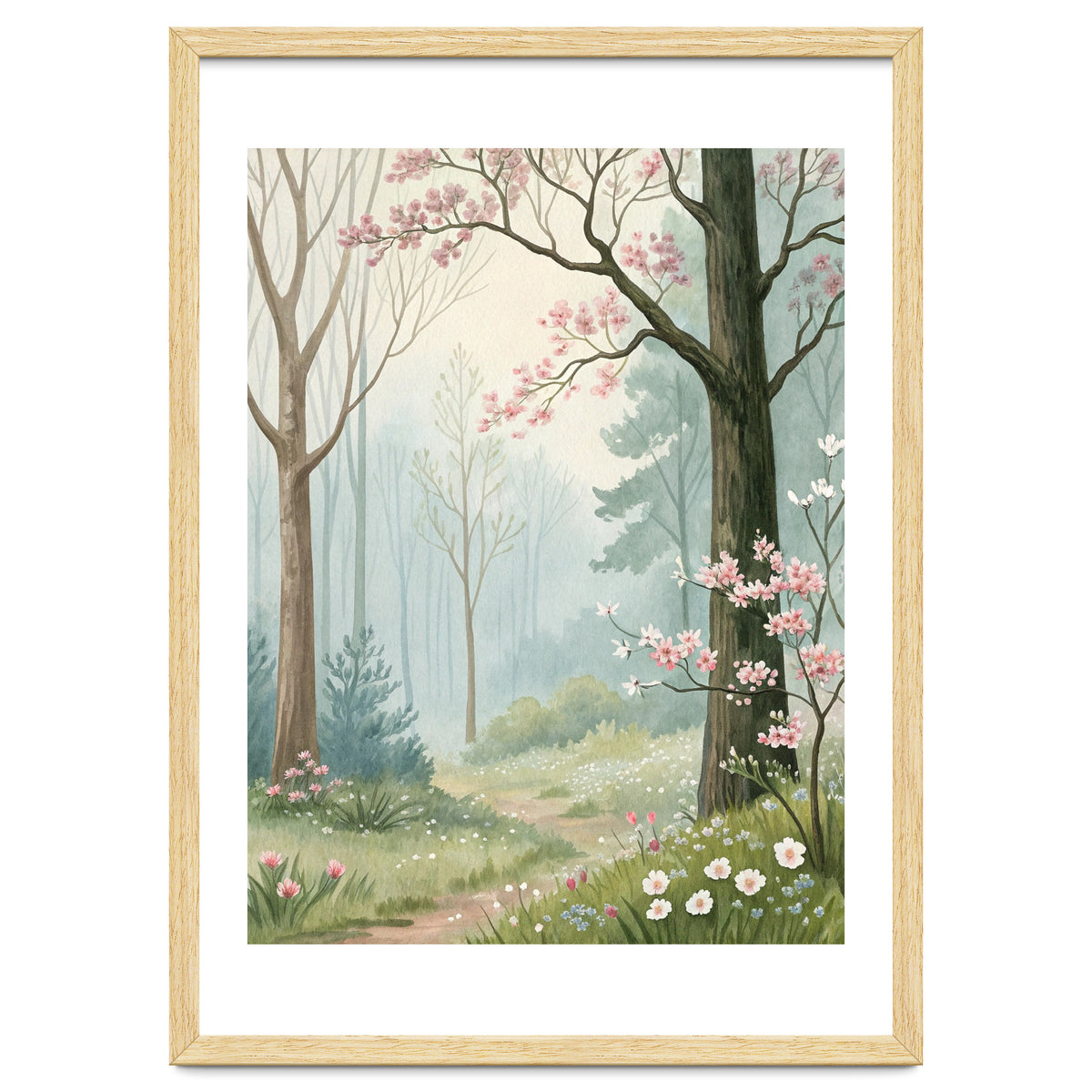 Enchanted Spring Woodland Path with Blooming Cherry Blossoms and Misty Pastel Forest Atmosphere
