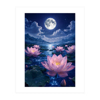 Moonlit Lotus Pond: Serene Nighttime Floral Landscape (Print Only)