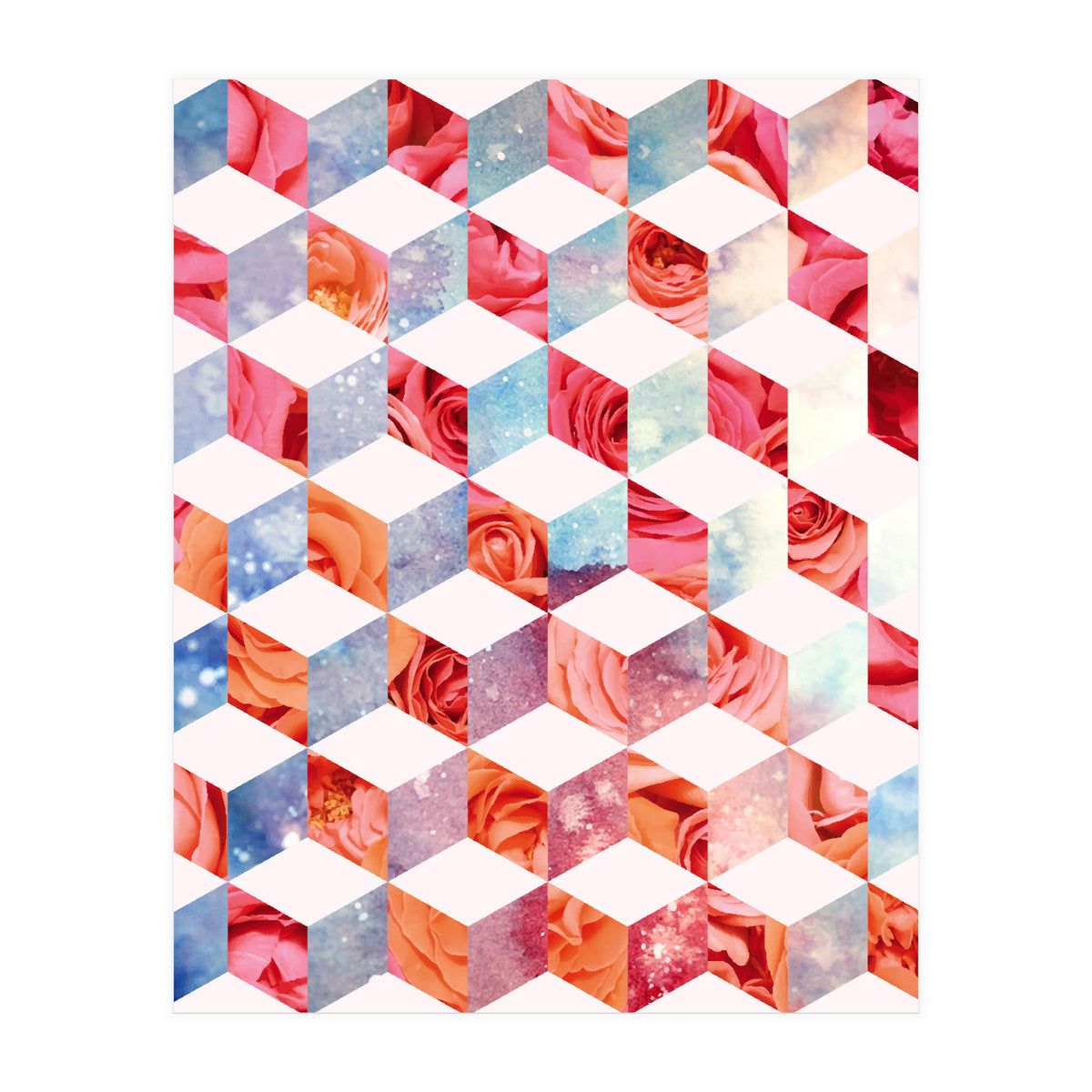 Eve's Sweet Garden of Roses, Geometrical Eclectic Shapes Digital Collage, Surrealism Floral illusion (Print Only)