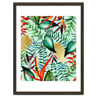 Paradise, Tropical Jungle Botanical Bohemian Illustration, Palm Bird of Paradise Gold Painting