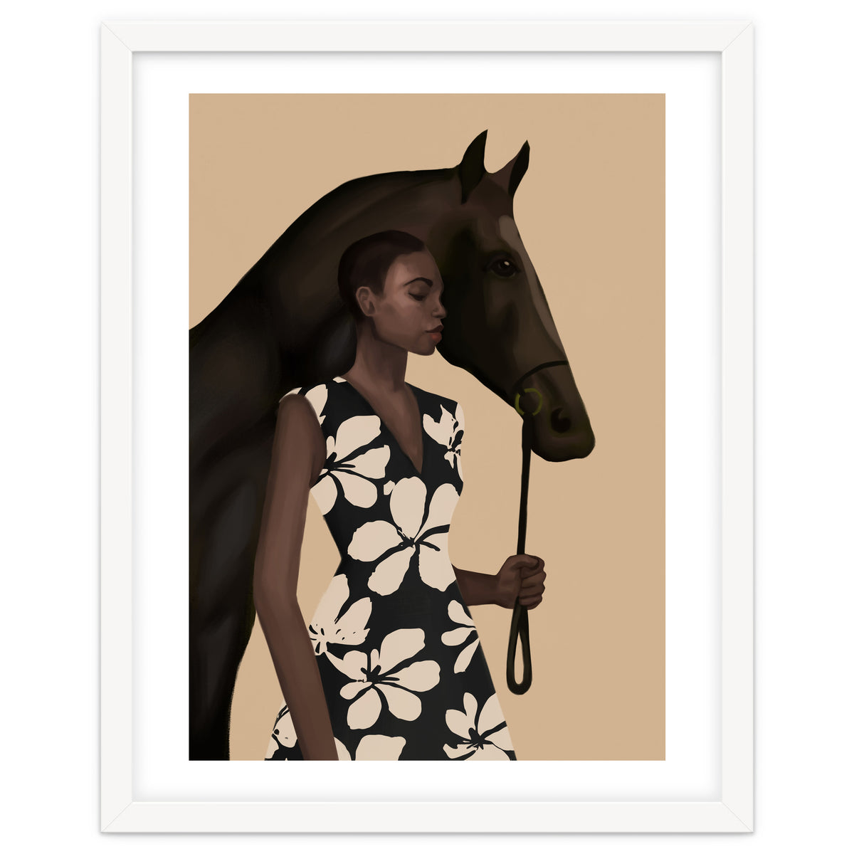 Woman In Bold Print With Black Horse