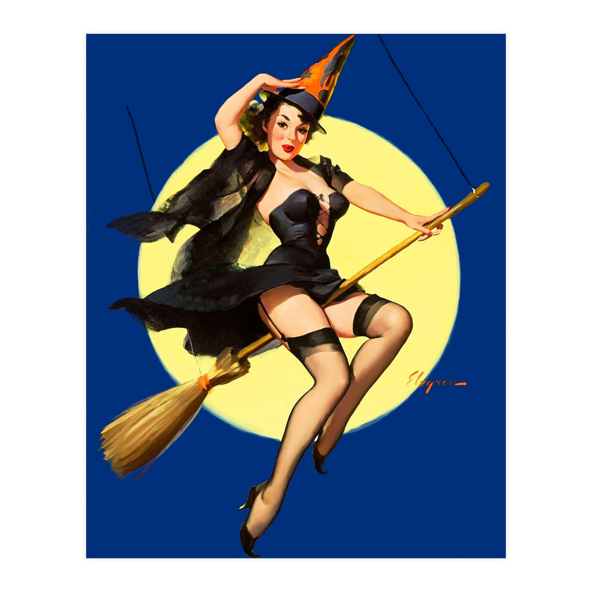 Pinup Sexy Witch Posing On A Broom (Print Only)