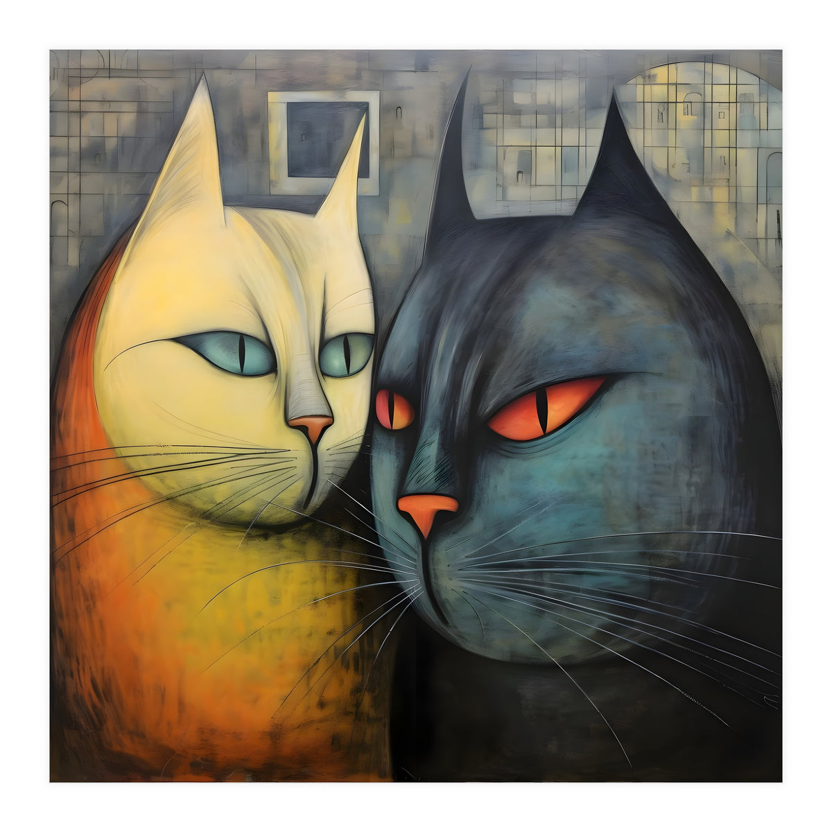 FURRY FRIENDS: GOLDIE AND CHARCOAL, lively duo of animated cats – green eyes, orange eyes. Whiskers charm. (Print Only)