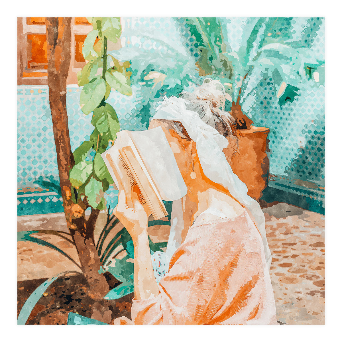 Turkish Reader | Morocco Travel Book Club | Modern Bohemian Woman Architecture | Watercolor Painting (Print Only)